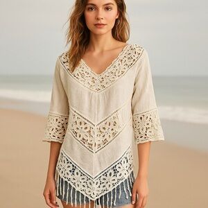 R & F Ivory Crochet Sheer Tunic Blouse L Boho Beach Festival Swim Cover Western